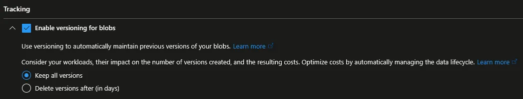 Activer le Blob Versioning