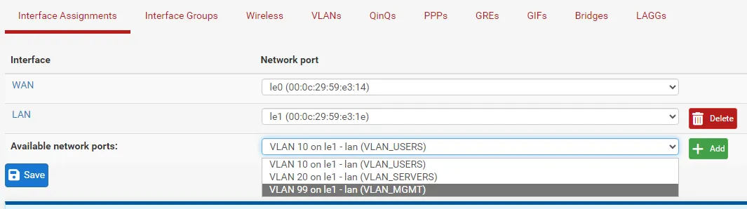 Sélection du VLAN 10