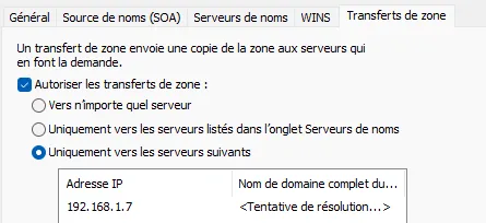 Onglet Transferts de zone