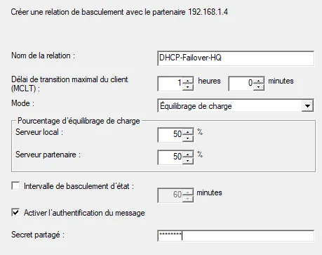 Paramètres de la relation de basculement