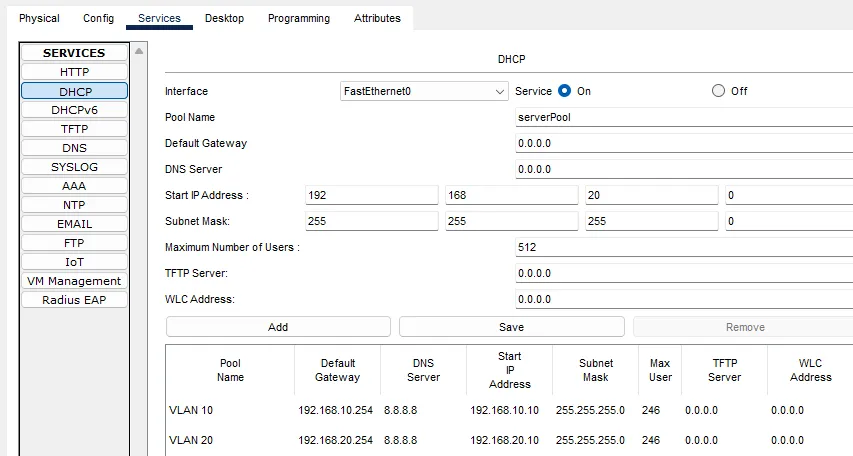 Pools DHCP du serveur (VLAN 10 et VLAN 20)