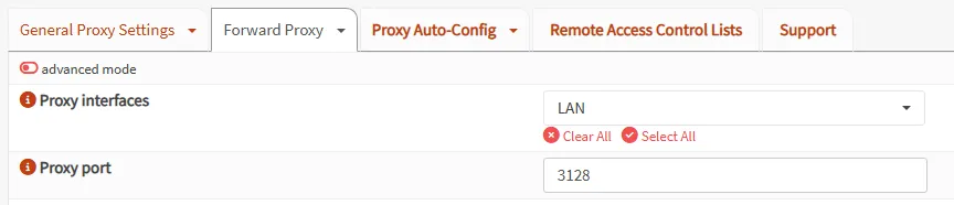 Interface et port du proxy