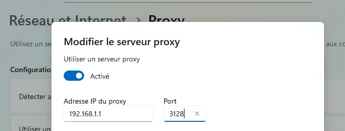 Proxy manuel sur le poste client