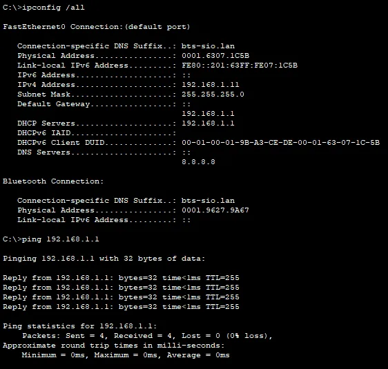 Vérification ipconfig et ping de la passerelle