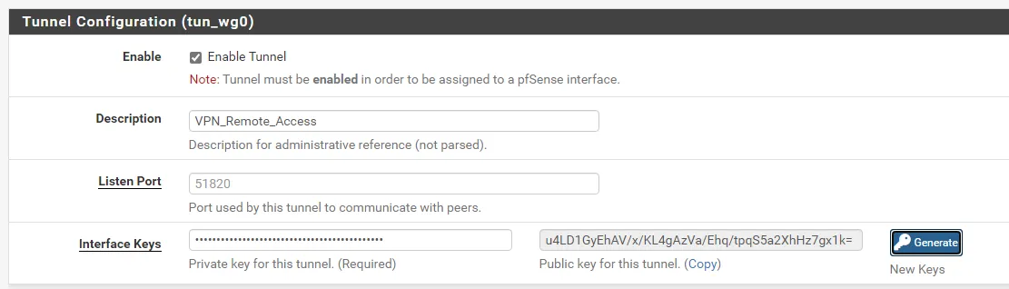 Paramètres du tunnel WireGuard