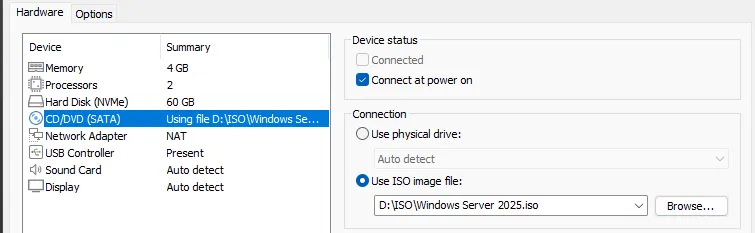Paramètres de la VM