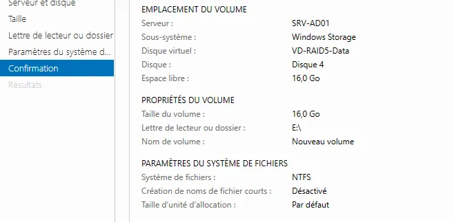 Confirmation de création du volume