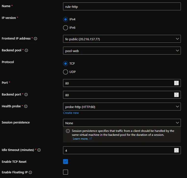 Créer la Load Balancing Rule