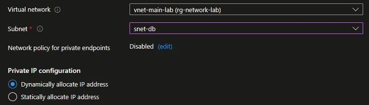 Onglet Virtual Network du Private Endpoint