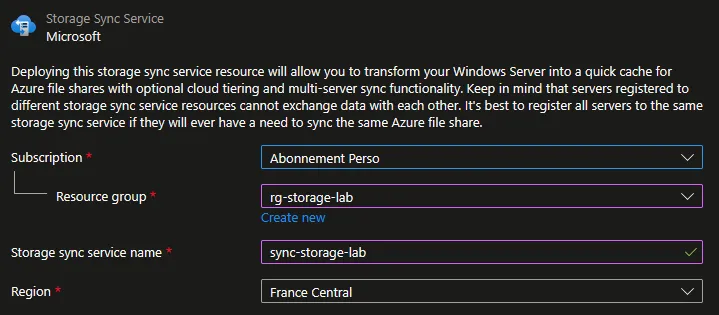 Créer le Storage Sync Service