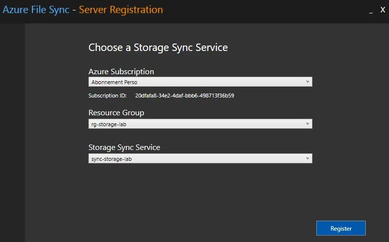 Enregistrer le Serveur auprès du Storage Sync Service