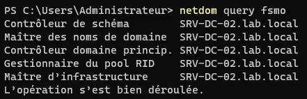 Résultat de netdom query fsmoaprès les changements de porteur.