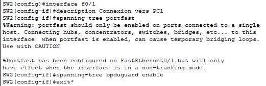 PortFast et BPDU Guard sur SW2