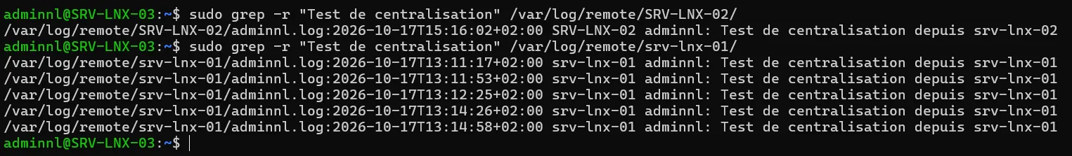 Réponse de la commande depuis SRV-LNX-03