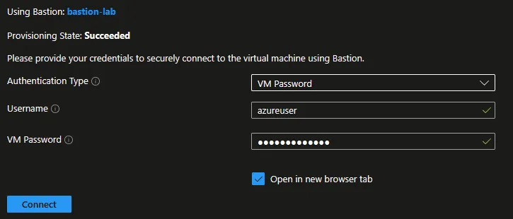 Paramètres de connexion Bastion
