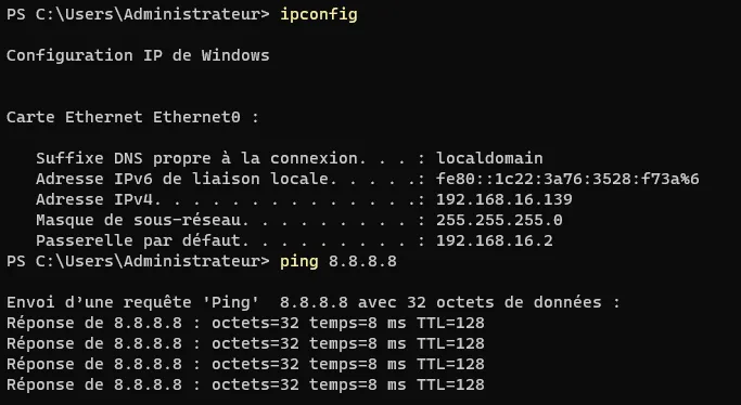 Résultat d’ipconfig et du ping