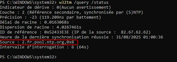 Résultat de w32tm /query /status