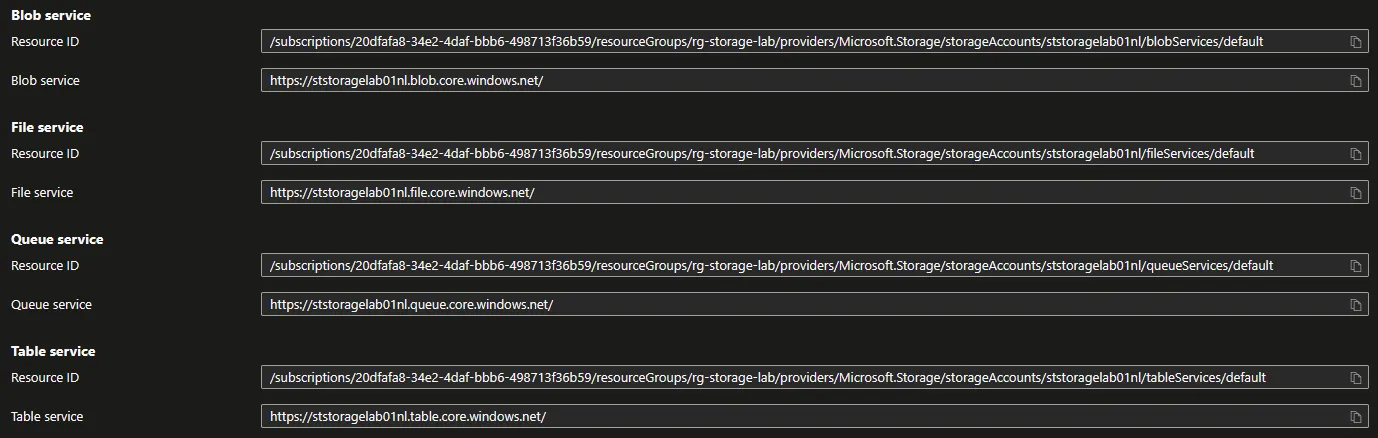 Endpoints du compte de stockage